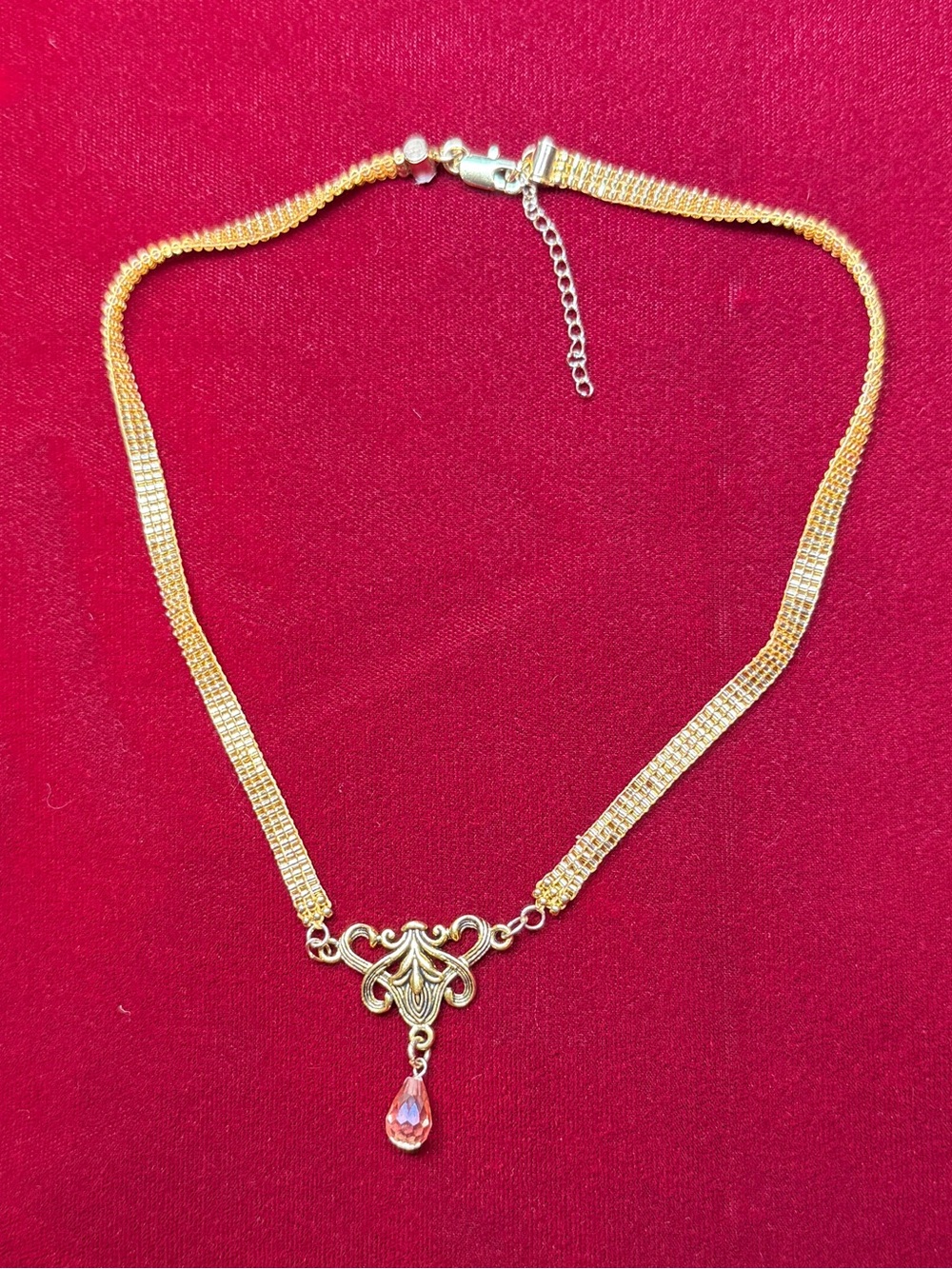 Gold color loom-woven necklace with teardrop crystal and extender - Picture 6 of 6